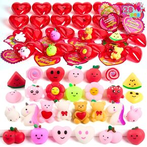 JOYIN 28 Mochi squishy toys Filled Hearts and Valentine Cards for Kids Valentine Classroom Exchange Party Favors, Kawaii Stress Relief Toys for Valentine Gift Exchange, Game Prizes and Carnivals Gift