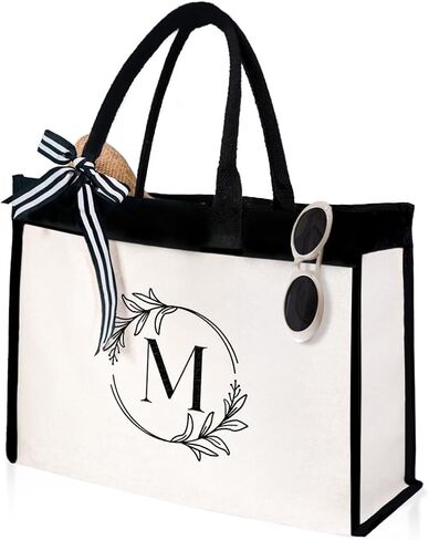 SANDJEST Monogrammed Canvas Tote Bag Embroidered Initial Beach Totes Bags Gifts for Women Friend Coworker Bridesmaid in Saudi Arabia