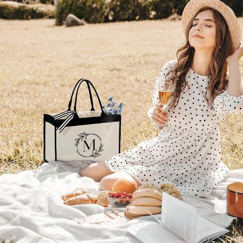 SANDJEST Monogrammed Canvas Tote Bag Embroidered Initial Beach Totes Bags Gifts for Women Friend Coworker Bridesmaid in Saudi Arabia
