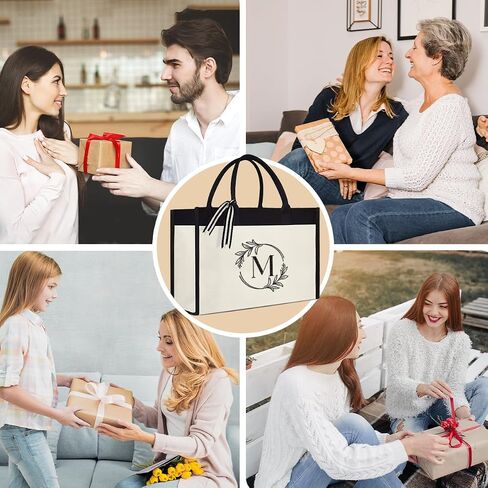 SANDJEST Monogrammed Canvas Tote Bag Embroidered Initial Beach Totes Bags Gifts for Women Friend Coworker Bridesmaid in Saudi Arabia