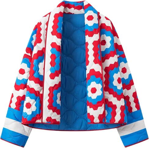 سترة Flygo المبطنة بالزهور للنساء سترات منتفخة قصيرة خفيفة الوزن كبيرة الحجم مفتوحة من الأمام مطبوعة أسفل معطف (أحمر-L) in Kuwait