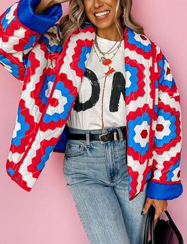 سترة Flygo المبطنة بالزهور للنساء سترات منتفخة قصيرة خفيفة الوزن كبيرة الحجم مفتوحة من الأمام مطبوعة أسفل معطف (أحمر-L) in Kuwait