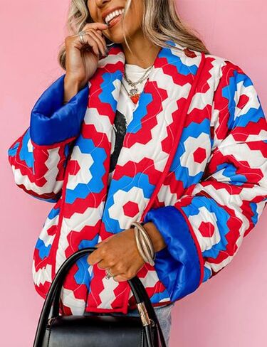 سترة Flygo المبطنة بالزهور للنساء سترات منتفخة قصيرة خفيفة الوزن كبيرة الحجم مفتوحة من الأمام مطبوعة أسفل معطف (أحمر-L) in Kuwait