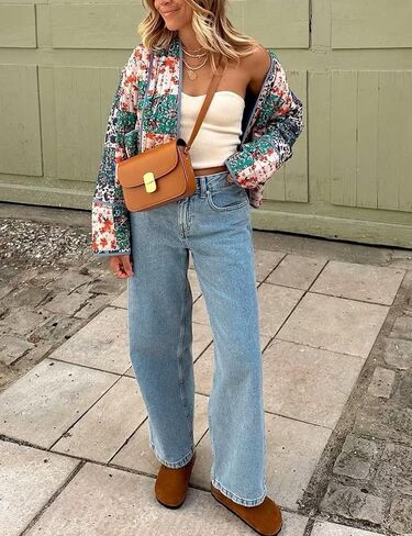 سترة نسائية مبطنة منتفخة من Wyeysyt سترة صوفية مطبوعة بالزهور خفيفة الوزن وأكمام طويلة ومفتوحة من الأمام ومعاطف قصيرة مبطنة (03Blue-XL) in Kuwait