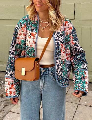 سترة نسائية مبطنة منتفخة من Wyeysyt سترة صوفية مطبوعة بالزهور خفيفة الوزن وأكمام طويلة ومفتوحة من الأمام ومعاطف قصيرة مبطنة (03Blue-XL) in Kuwait