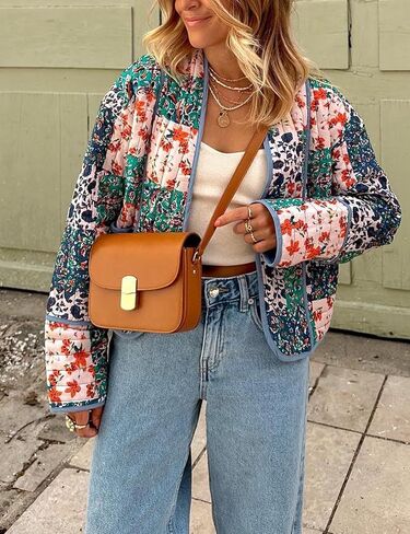 سترة نسائية مبطنة منتفخة من Wyeysyt سترة صوفية مطبوعة بالزهور خفيفة الوزن وأكمام طويلة ومفتوحة من الأمام ومعاطف قصيرة مبطنة (03Blue-XL) in Kuwait