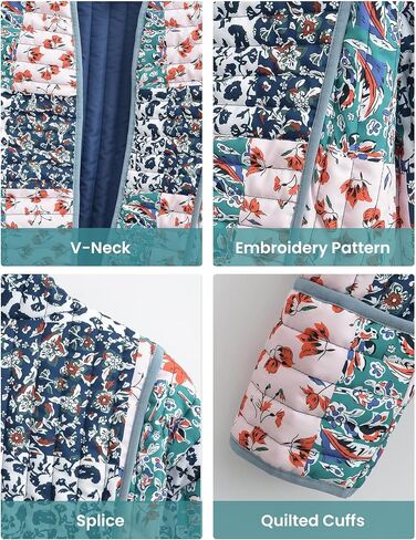 سترة نسائية مبطنة منتفخة من Wyeysyt سترة صوفية مطبوعة بالزهور خفيفة الوزن وأكمام طويلة ومفتوحة من الأمام ومعاطف قصيرة مبطنة (03Blue-XL) in Kuwait