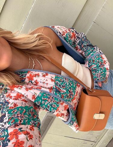 سترة نسائية مبطنة منتفخة من Wyeysyt سترة صوفية مطبوعة بالزهور خفيفة الوزن وأكمام طويلة ومفتوحة من الأمام ومعاطف قصيرة مبطنة (03Blue-XL) in Kuwait