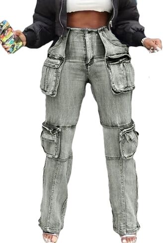 Vakkest Denim Cargo Jeans for Women High Waisted Loose Baggy Straight Wide Leg Stretch Pants Y2K Streetwear with Flap Pockets in Kuwait