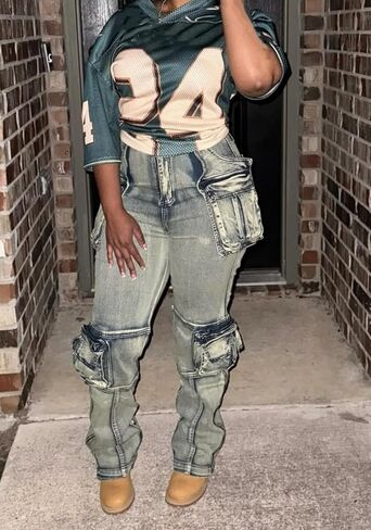 Vakkest Denim Cargo Jeans for Women High Waisted Loose Baggy Straight Wide Leg Stretch Pants Y2K Streetwear with Flap Pockets in Kuwait