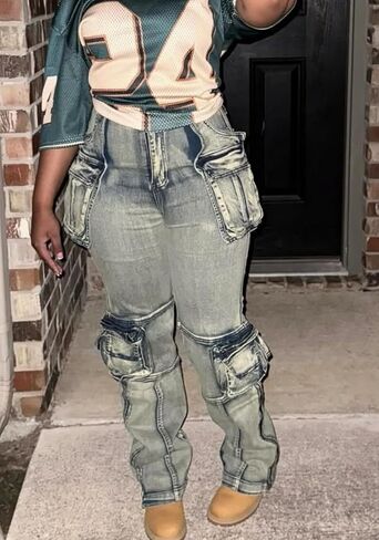 Vakkest Denim Cargo Jeans for Women High Waisted Loose Baggy Straight Wide Leg Stretch Pants Y2K Streetwear with Flap Pockets in Kuwait