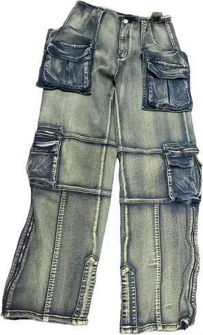Vakkest Denim Cargo Jeans for Women High Waisted Loose Baggy Straight Wide Leg Stretch Pants Y2K Streetwear with Flap Pockets in Kuwait