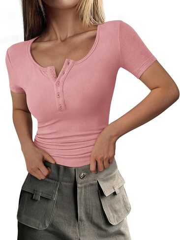 PRETTYGARDEN Women's 2025 Summer Short Sleeve Tops Ribbed Knit Henley Button Up Slim Fit Basic Casual T Shirts Blouse in Saudi Arabia