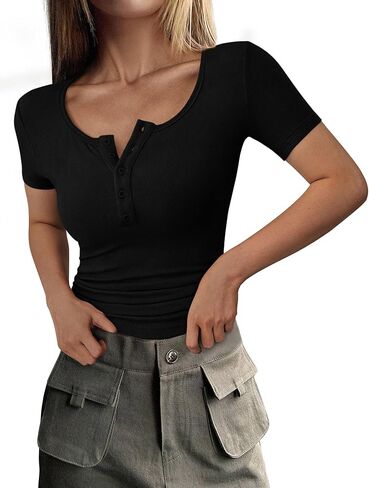 PRETTYGARDEN Women's 2025 Summer Short Sleeve Tops Ribbed Knit Henley Button Up Slim Fit Basic Casual T Shirts Blouse in Saudi Arabia