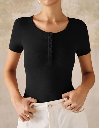 PRETTYGARDEN Women's 2025 Summer Short Sleeve Tops Ribbed Knit Henley Button Up Slim Fit Basic Casual T Shirts Blouse in Saudi Arabia