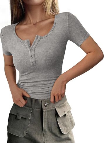 PRETTYGARDEN Women's 2025 Summer Short Sleeve Tops Ribbed Knit Henley Button Up Slim Fit Basic Casual T Shirts Blouse in Saudi Arabia