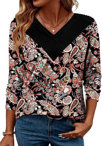 Long Sleeve Shirts for Women Fashion V Neck Basics Casual Top Fitted Tunic Tops in Saudi Arabia