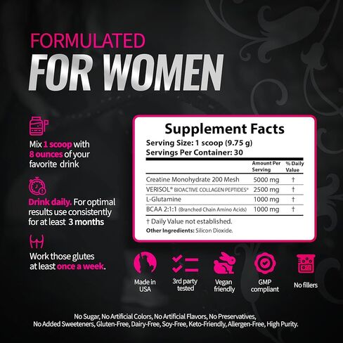 Creatine for Women | Booty Gain & Cellulite Reduction Powder Supplement | Bloating Free, No Filler, Vegan, Made in USA (Unflavored, 30 Servings) - 292.5g [Lid Color May Vary] in Saudi Arabia