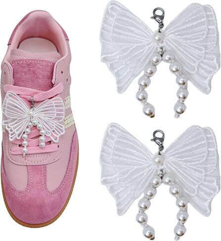 Pearl Bow Shoe Charms for Sneakers, shoelace Decorations Charms Clips Shoes Buckle Pearl Beaded Chain DIY Shoe Lace Sneakers Bag Keychain Charms in Saudi Arabia