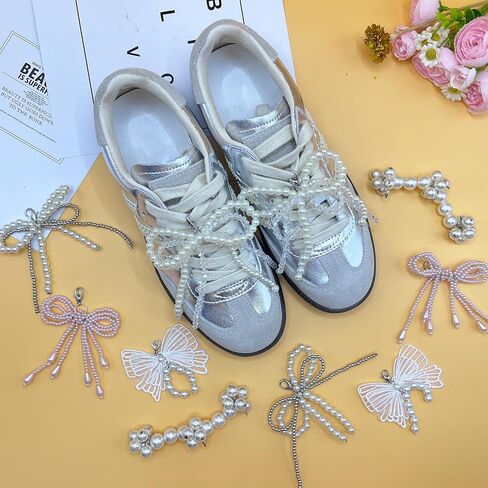 Pearl Bow Shoe Charms for Sneakers, shoelace Decorations Charms Clips Shoes Buckle Pearl Beaded Chain DIY Shoe Lace Sneakers Bag Keychain Charms in Saudi Arabia