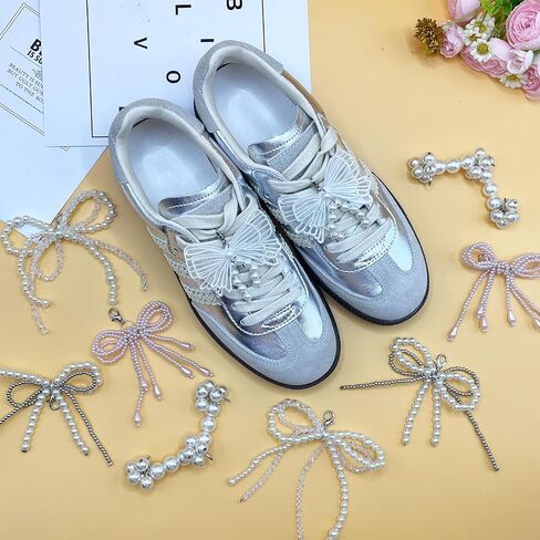 Pearl Bow Shoe Charms for Sneakers, shoelace Decorations Charms Clips Shoes Buckle Pearl Beaded Chain DIY Shoe Lace Sneakers Bag Keychain Charms in Saudi Arabia