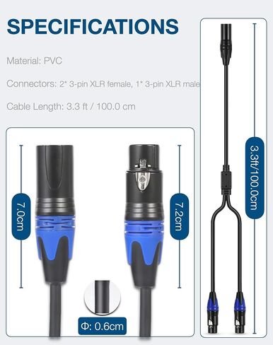 Awsyhom Balanced XLR Y Splitter Cable, XLR Microphone Cable, Male to 2 Female XLR Splitter, 3-Pin XLR Plugs to Dual XLR Jack Adaptor Cord, 3.3 Foot, Blue in Saudi Arabia