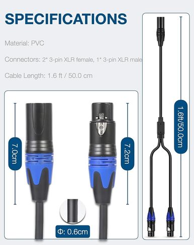 Awsyhom Balanced XLR Y Splitter Cable, XLR Microphone Cable, Male to 2 Female XLR Splitter, 3-Pin XLR Plugs to Dual XLR Jack Adaptor Cord, 3.3 Foot, Blue in Saudi Arabia