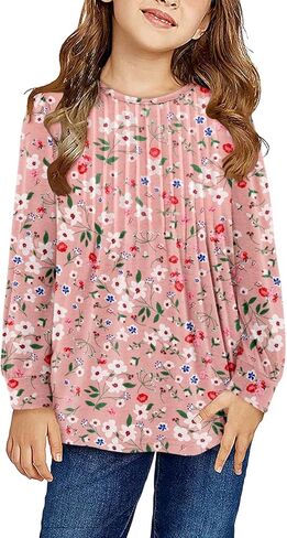 Yoklass Girls Puff Long Sleeve Shirts Crew Neck Front Pleated Tops Casual Loose Dressy Blouses 4-13 Years in Saudi Arabia
