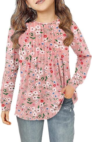 Yoklass Girls Puff Long Sleeve Shirts Crew Neck Front Pleated Tops Casual Loose Dressy Blouses 4-13 Years in Saudi Arabia