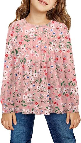 Yoklass Girls Puff Long Sleeve Shirts Crew Neck Front Pleated Tops Casual Loose Dressy Blouses 4-13 Years in Saudi Arabia