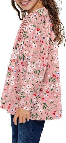 Yoklass Girls Puff Long Sleeve Shirts Crew Neck Front Pleated Tops Casual Loose Dressy Blouses 4-13 Years in Saudi Arabia