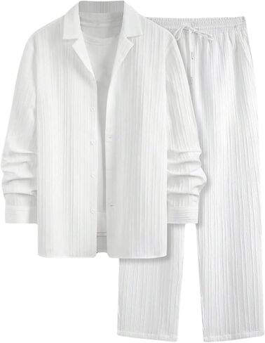 GORGLITTER Men's 2 Piece Set Linen Suit Long Sleeve Button Down Shirts Wide Leg Long Pants Set Vacation Outfits in Saudi Arabia