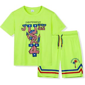 TOP&SKY KIDS Boys 4th of July طقم قصير الأكمام تي شيرت وشورت كاجوال 2 قطعة ملابس الصيف مقاس 4-12 سنة