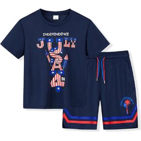 TOP&SKY KIDS Boys 4th of July Short Set Short Sleeve Tee Shirt and Casual Shorts 2Pcs Summer Clothes Size 4-12 Years