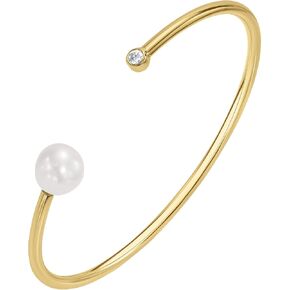 14K White/Yellow Gold Plated Silver Bracelet With Freshwater Cultured Pearl and 0.10 TCW Round Brilliant Diamond/Emerald, Bracelet For Women, Gift For Her Jewelry For Women