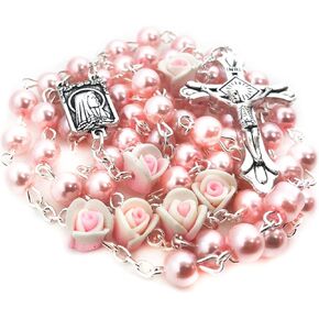 Angelic Pink Rose Rosary Beads Catholic for Women - Catholic Rosary - Rosarios Catolicos Para Mujer - Catholic Gifts Women - Rosario Regalos Para Mujer - Rosary Necklace for Women - Catholic Gift