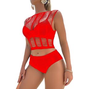 Red Mesh Lingerie Set for Women, Two Piece Fishnet Chemise Babydoll Bodysuit, Sexy Hollowed-Out Short Sleeves and Tights Set