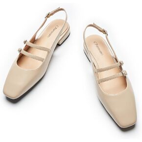 صنادل مسطحة للسيدات من C.Paravano، صنادل ماري جين مسطحة بحزام خلفي وكعب مربع وأشرطة قابلة للتعديل سهلة الارتداء (مقاس 8.5، بيج) in Kuwait