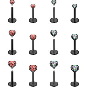 BodyAce Black Red CZ Flat Back Earrings, 16g/18g Halloween Piercing Studs for Nose Lip Labret Medusa Tragus Helix, Surgical Steel Cartilage Jewelry Internal Thread