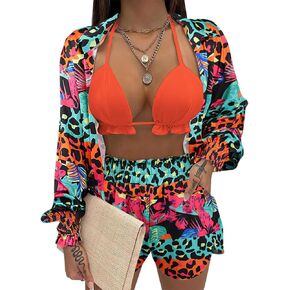 3 Piece Swimsuits for Women Hawaiian Outfits Floral Tropical Bikini Short Sets Summer Beach Sexy Cover Ups Luau Party