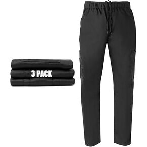 Ubon Chef Pants for Men, Black Cargo Work Pants 7 Pockets