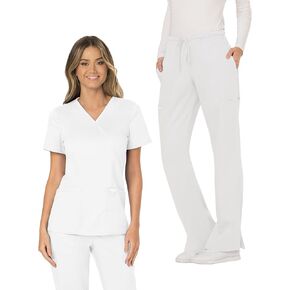 Cherokee Women's Scrub Set Mock Wrap Top with Princess Seams WW610 Mid Rise Tapered Leg Elastic Waist Drawstring Pant WW105, White- M Top/M Pant