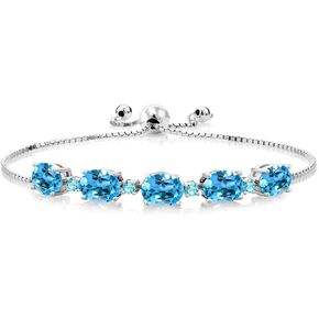 Gem Stone King 7.82 Cttw Swiss Blue Topaz Tennis Bracelet For Women | 925 Sterling Silver | Oval 8X6MM and Round 2.5MM | Gemstone Birthstone | Fully Adjustable Up to 9 Inch