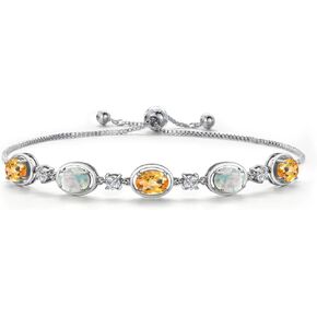 Gem Stone King 925 Sterling Silver Yellow Citrine Simulated White Opal and Moissanite Tennis Bracelet For Women | 4.18 Cttw | Oval Checkerboard 7X5MM | Adjustable Bolo Bracelet For Women