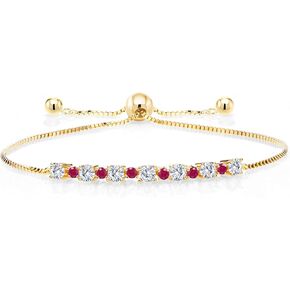 Gem Stone King 18K Yellow Gold Plated Silver 3MM Moissanite and 1.7MM Red Ruby Bracelet For Women | 0.88 Cttw | Gemstone Birthstone | Fully Adjustable Up to 9 Inch