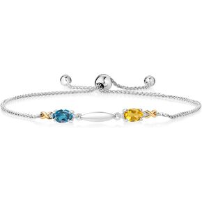 925 Sterling Silver and 10K Yellow Gold London Blue Topaz Yellow Citrine and White Lab Grown Diamond Tennis Bracelet For Women (1.09 Cttw, Gemstone Birthstone, Fully Adjustable Up to 9 Inch)