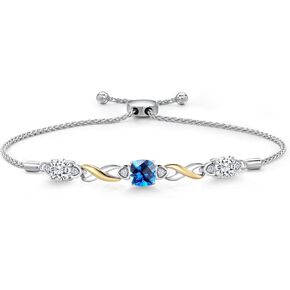 925 Silver and 10K Yellow Gold Kashmir Blue Topaz, White Moissanite & Lab Grown Diamond Bracelet For Women | 2.35 Cttw | Gemstone November Birthstone | Cushion Checkerboard 6MM | Fully Adjustable 9