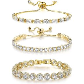 3 Pcs Tennis Bracelet Set White Gold Plated 5mm Round Cubic Zirconia CZ Diamond Dainty Adjustable Rhinestone Sterling Silver Bracelets for Women Stackable Fashion Wedding Prom Gift