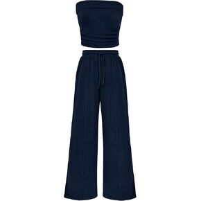 PRETTYGARDEN Women's Summer 2 Piece Outfits Sets Casual Ribbed Knit Crop Tube Tops Wide Leg Pants Lounge Sets Tracksuit