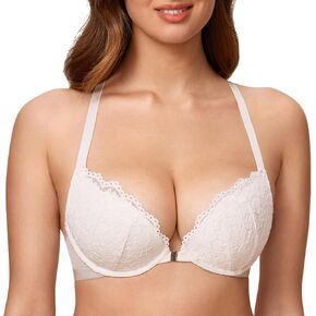 DOBREVA Women's Push Up Bra Racerback Front Closure Bras Lace Padded Underwire Plunge Floral